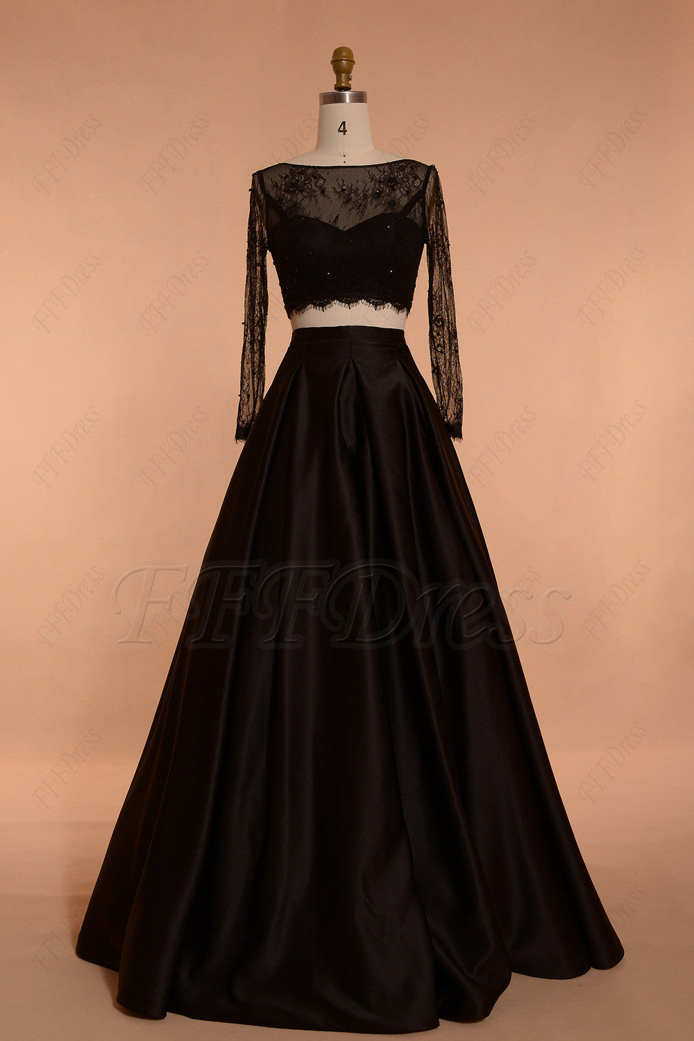 Black Ball gown Two Piece Prom Dresses Long Sleeves