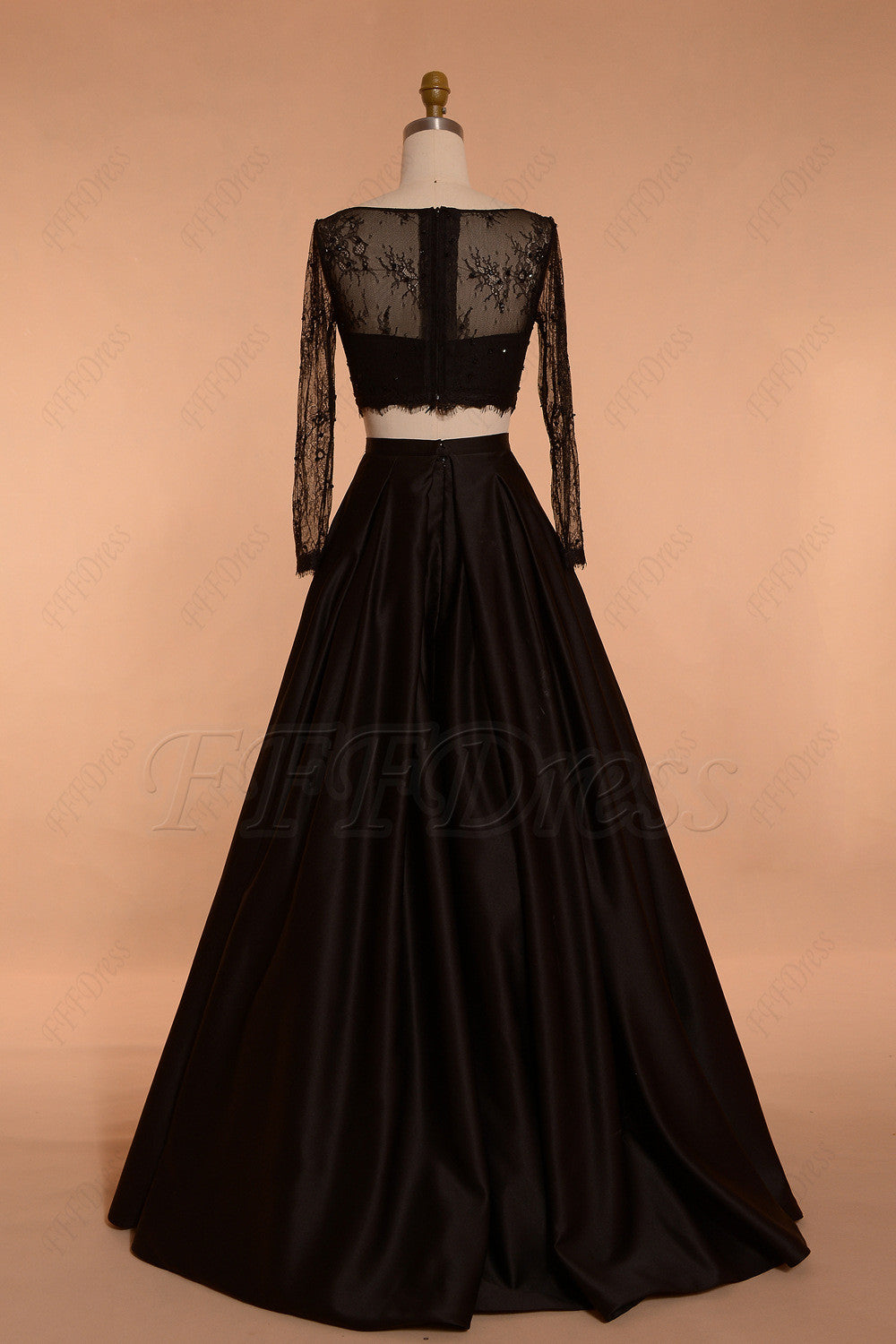 Black Ball gown Two Piece Prom Dresses Long Sleeves