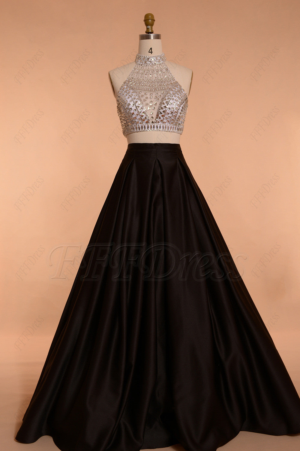 Crystal Beaded Two Piece Prom Dress black and White Ball Gown