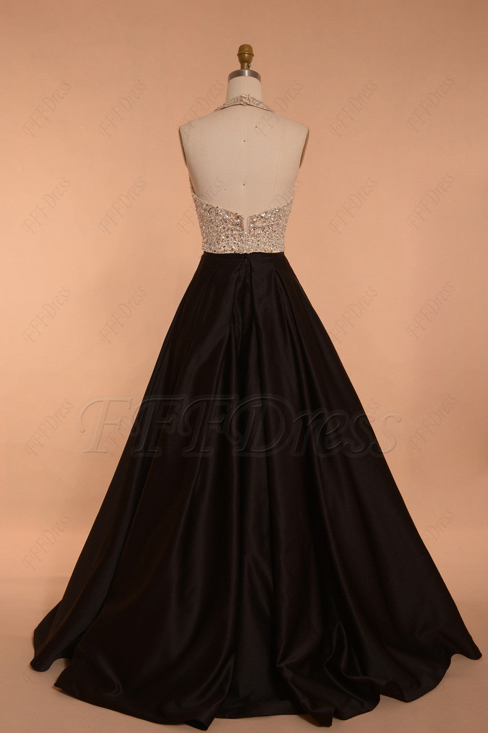 Halter backless beaded champagne black ball gown prom dresses