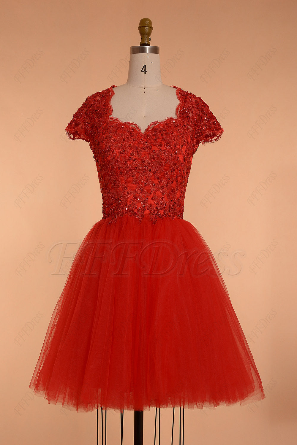 Red backless short prom dresses cap sleeves