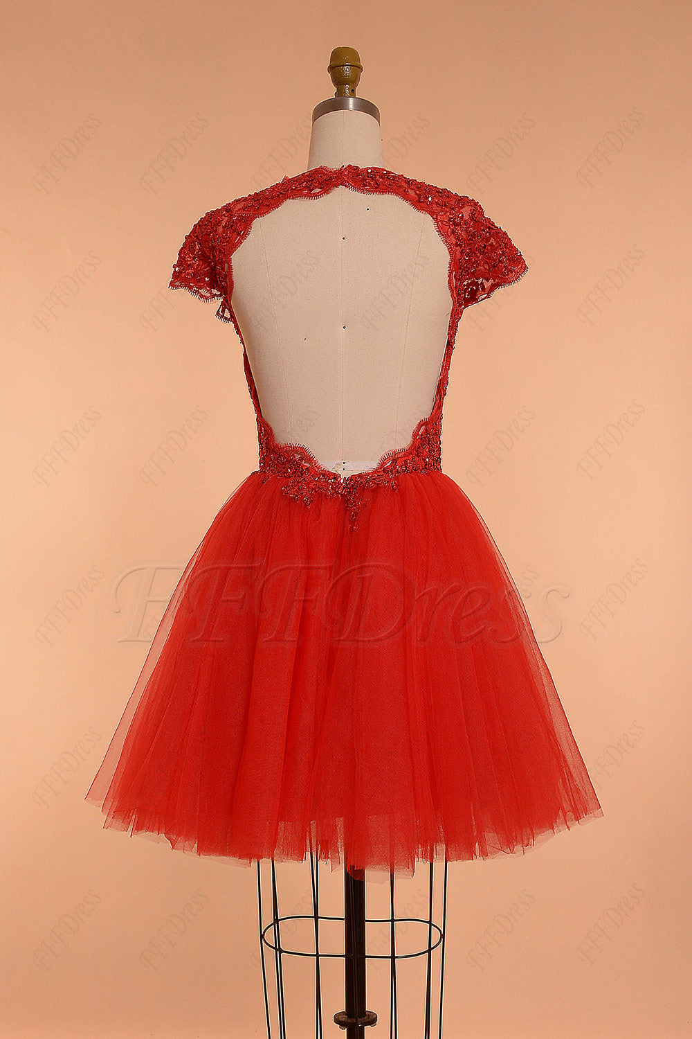 Red backless short prom dresses cap sleeves