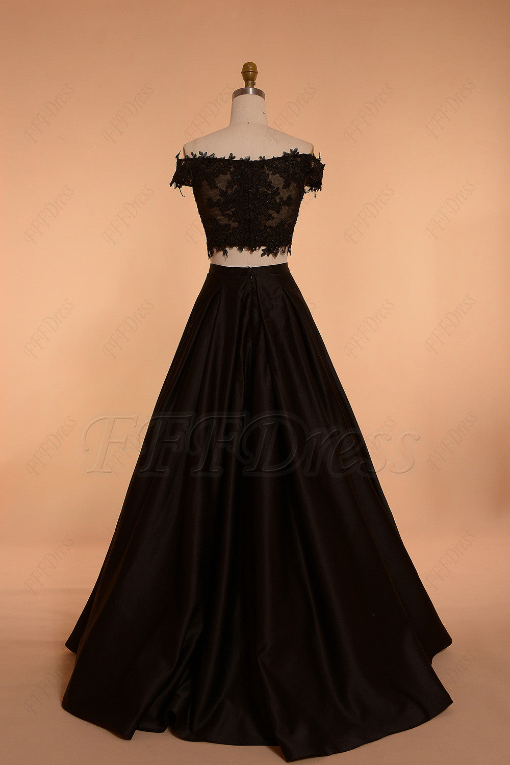 Off the shoulder Black Ball Gown Two Piece Prom Dress Long
