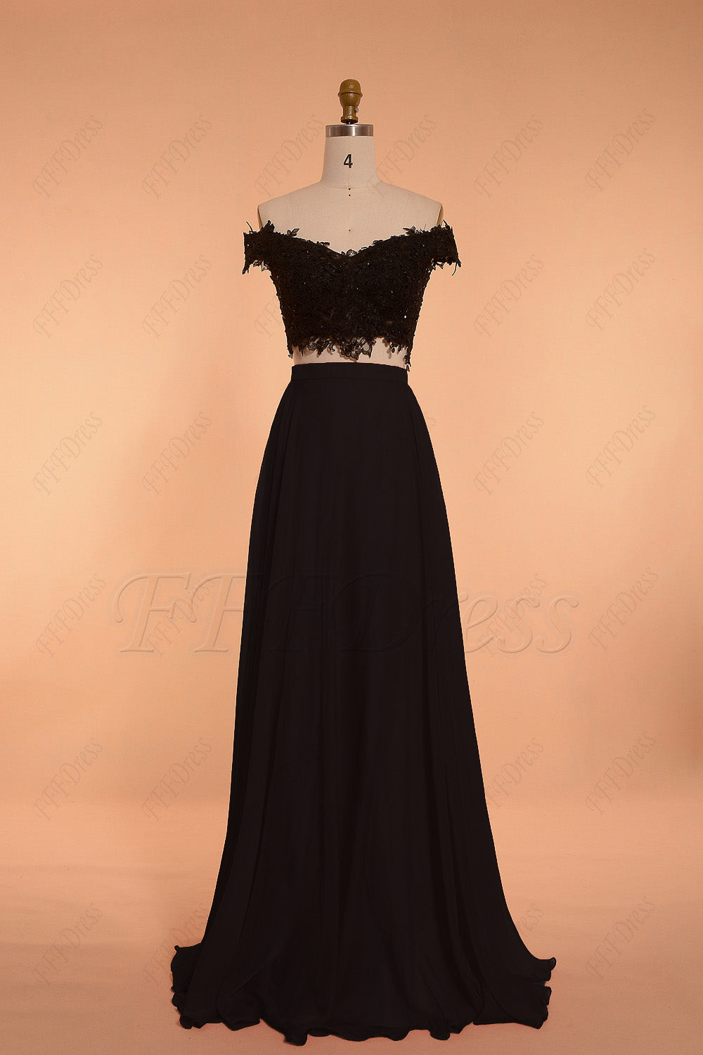 Off the shoulder black two piece long prom dresses