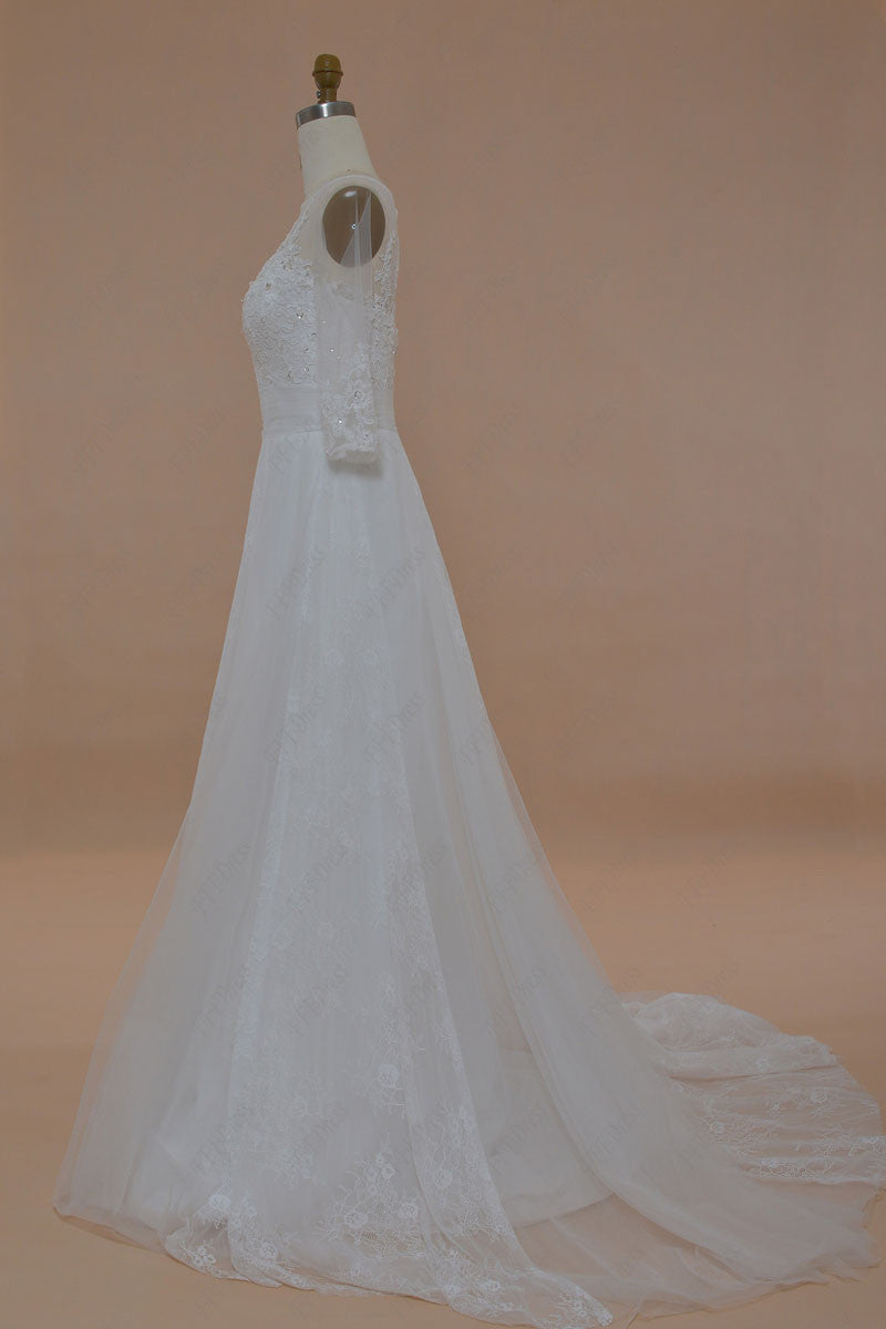 Beaded lace wedding dress with sleeves