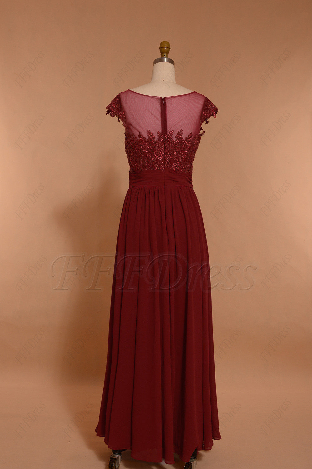 Burgundy Long Prom Dresses Cap Sleeves