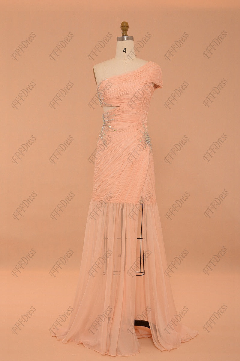 Peach cut out sparkly prom dresses with slit