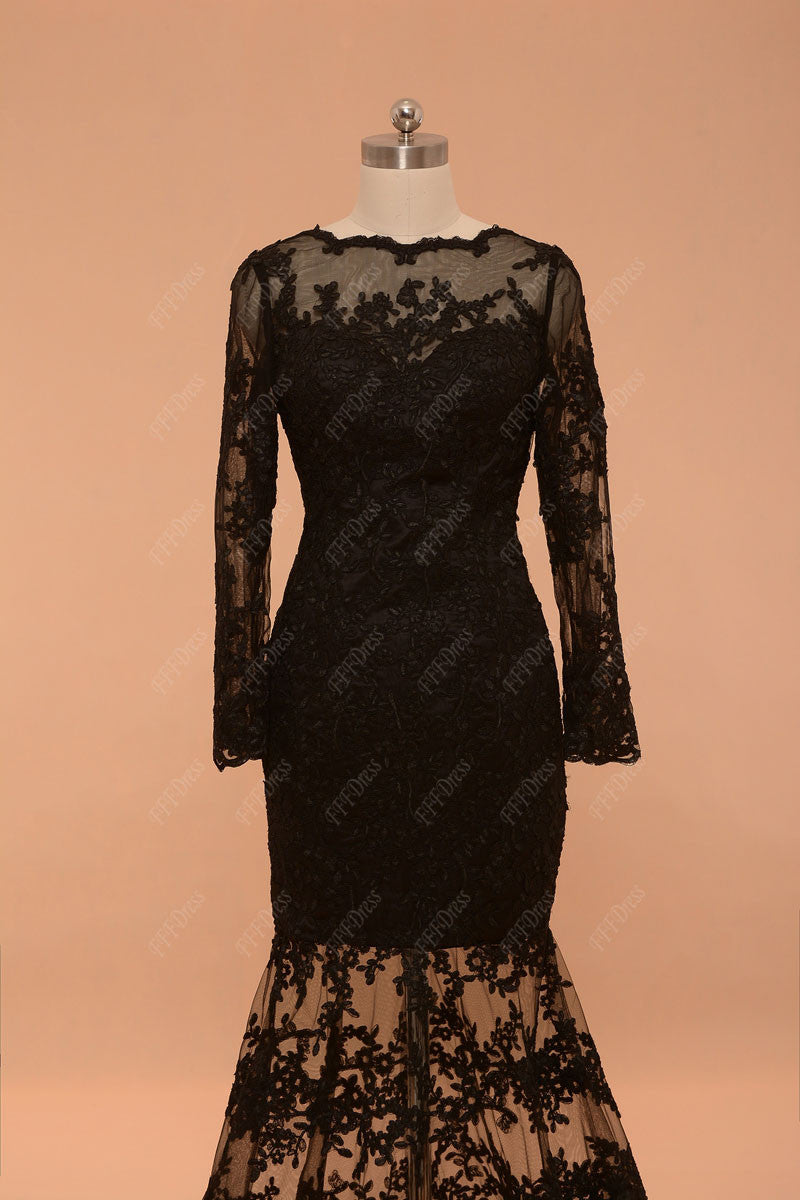Backless black lace mermaid prom dresses long sleeves