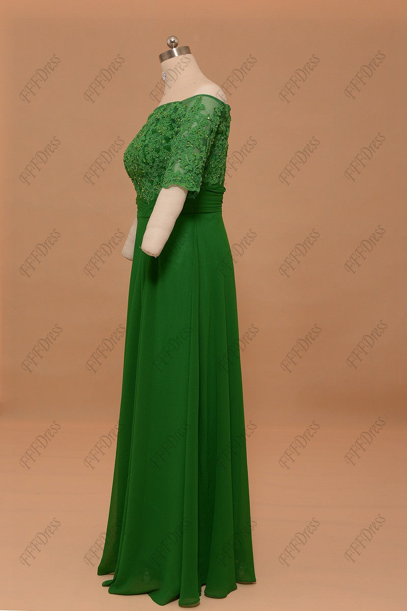Emerald green off the shoulder prom dresses with sleeves