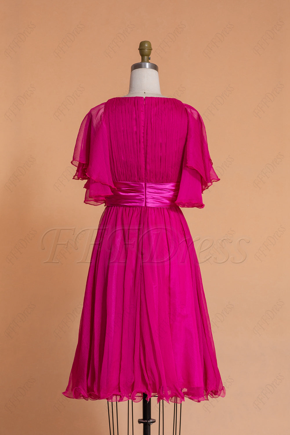 Hot Pink Modest MIdi Bridesmaid Dresses with Short Sleeves
