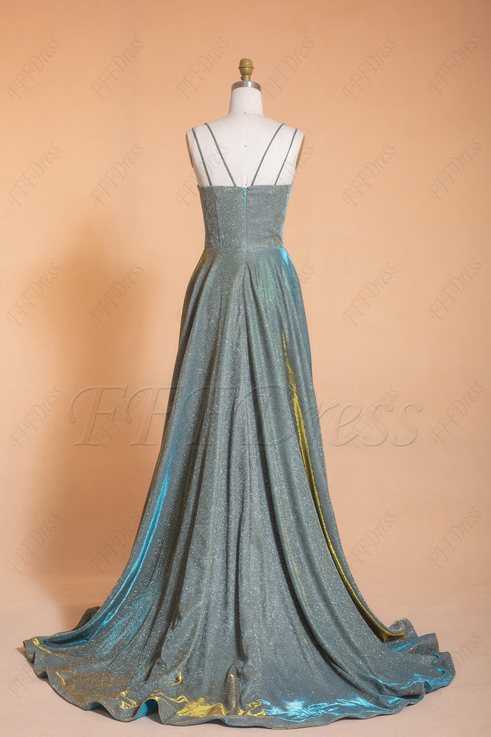 V Neck Spaghetti straps metallic prom dress with slit