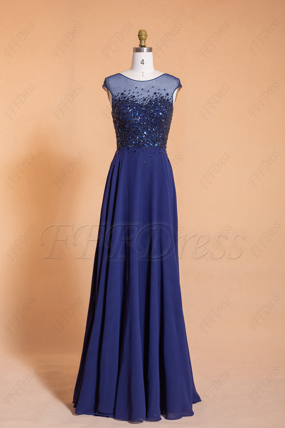 Beaded Modest Sparkly Navy Prom Dresses Long Cap Sleeves