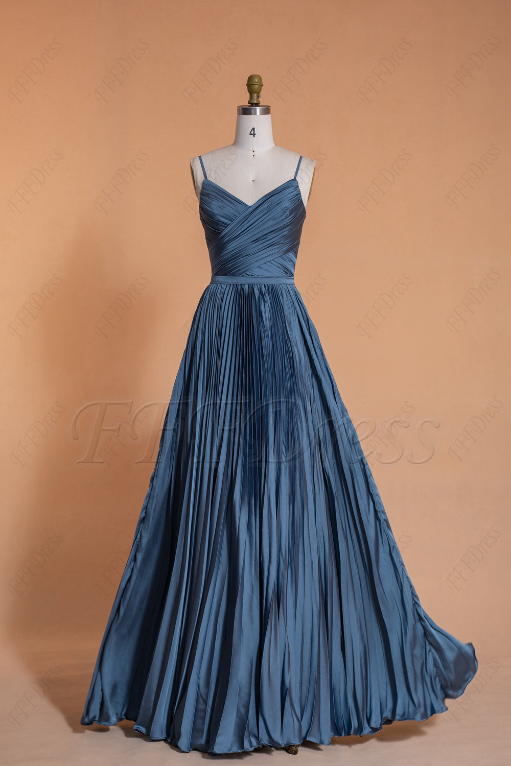 Spaghetti Straps Pleating Steel blue Satin Bridesmaid Dresses
