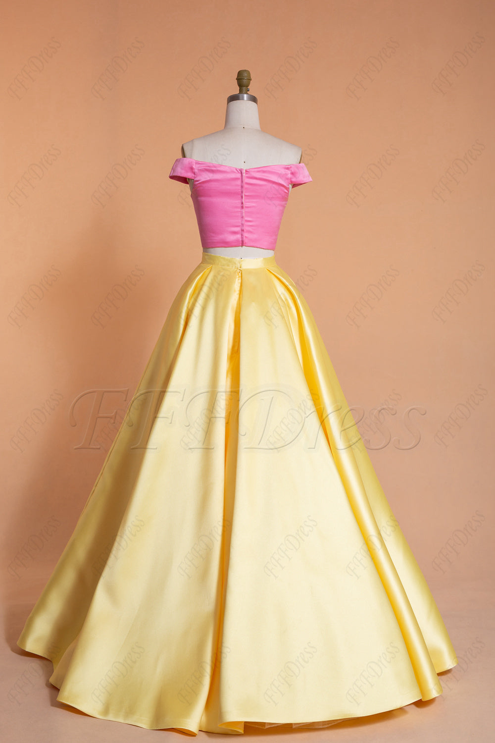 Two Piece Yellow Pink Prom Dresses Long Off the Shoulder