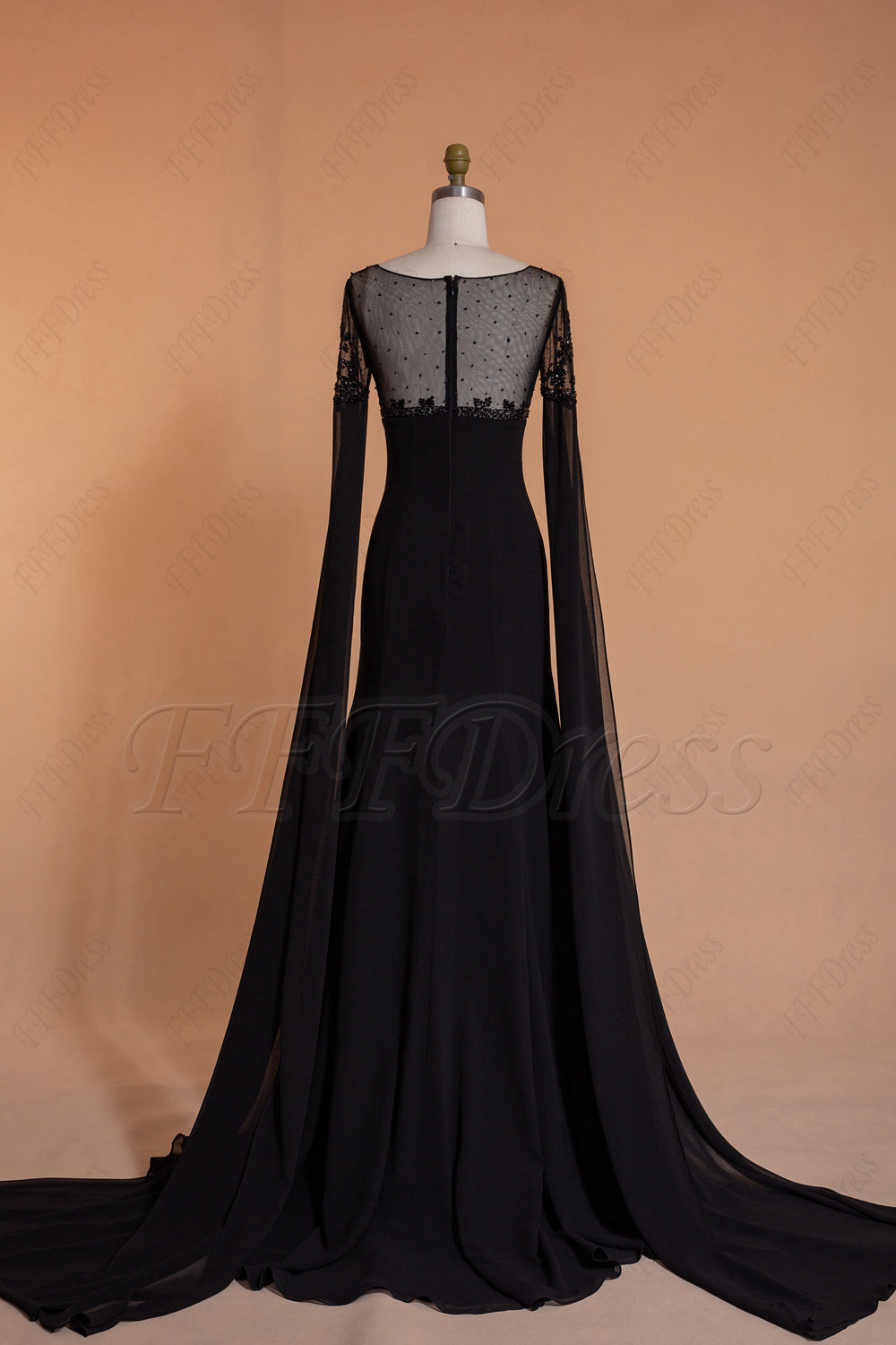 Beaded black Slitted prom dresses long with sleeves