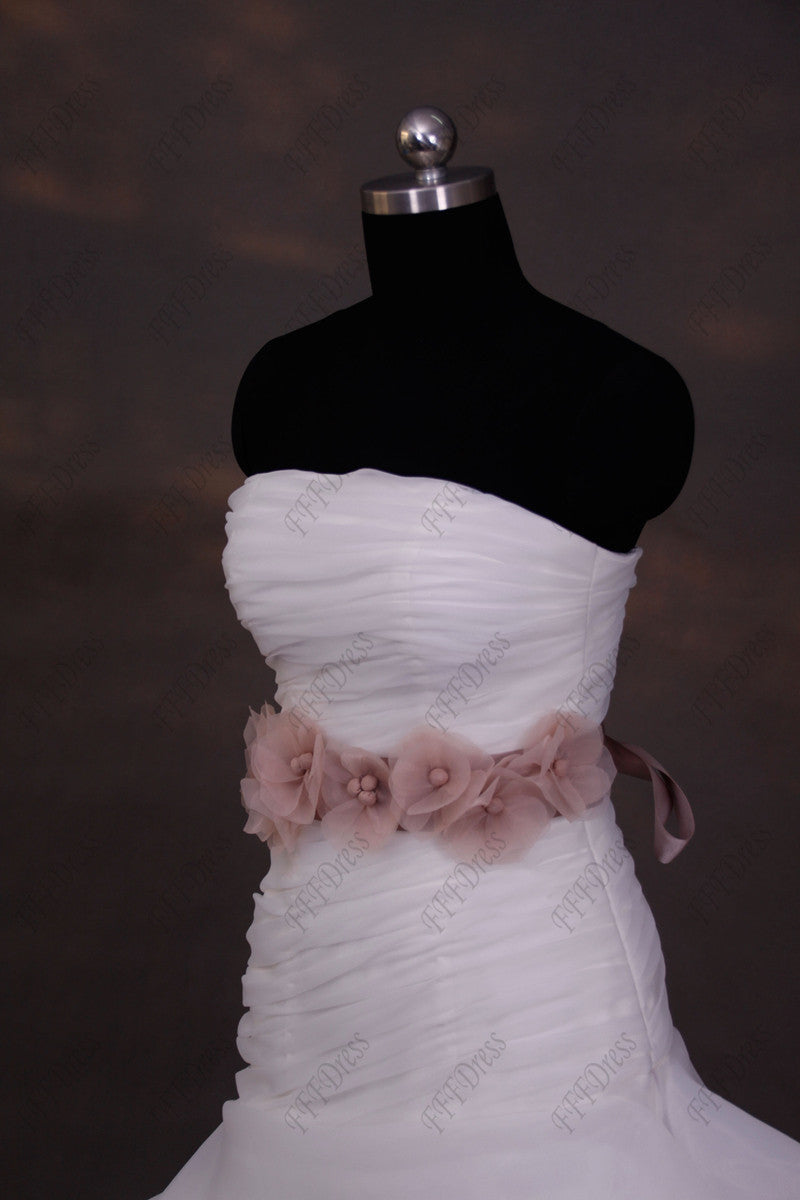 Strapless ball gown swirls wedding dress with dusty pink sash