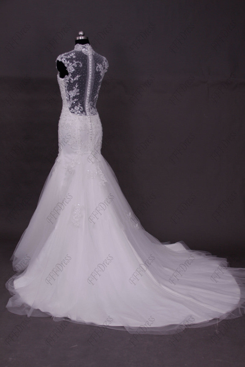 Modest mermaid lace backless wedding dresses cap sleeves