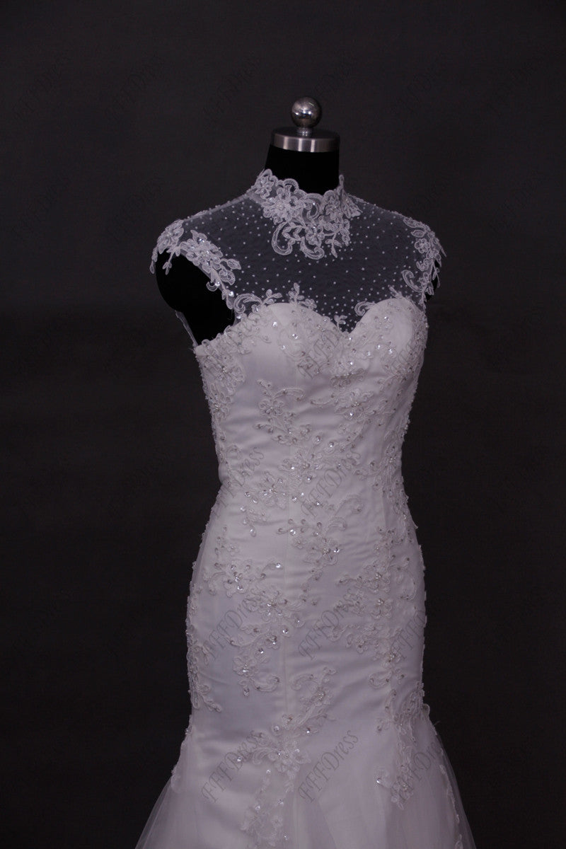 Modest mermaid lace backless wedding dresses cap sleeves
