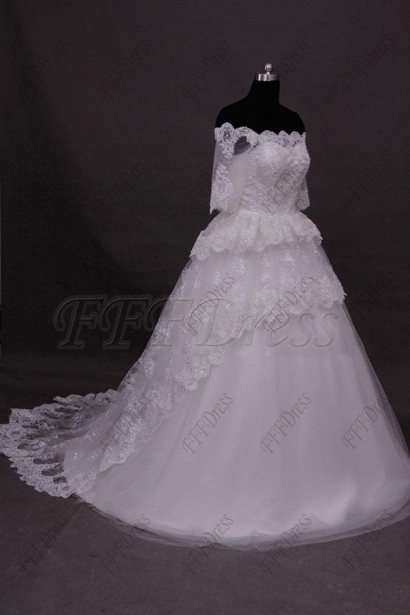 Off the shoulder tiered ball gown wedding dress with sleeves