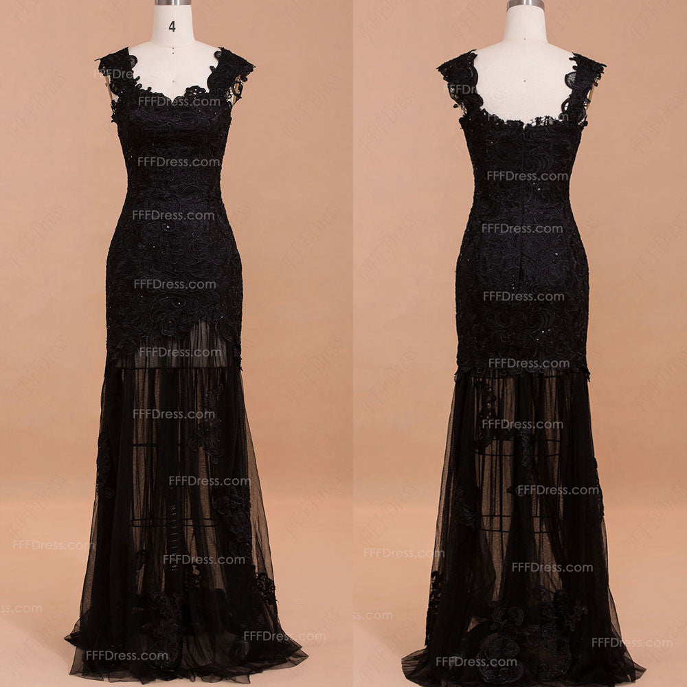 Trumpet see through black lace prom dresses long