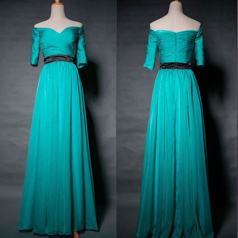 Off the shoulder Green modest bridesmaid dress with sleeves maid of honor dress