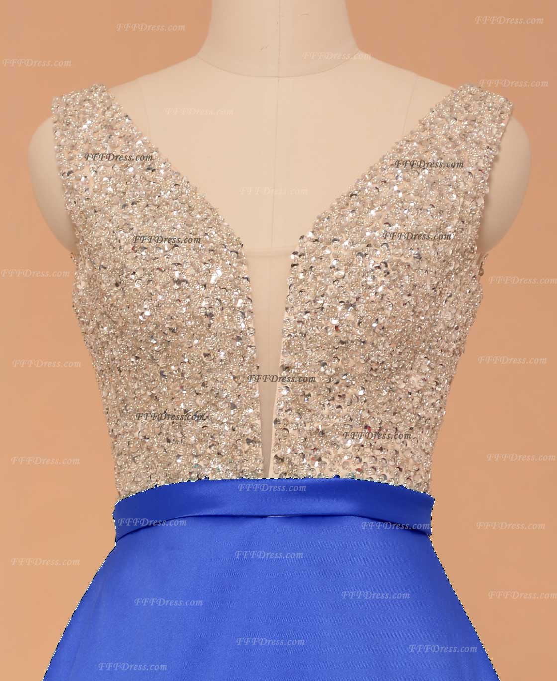 V Neck sequins beaded sparkly prom dresses royal blue pageant dress