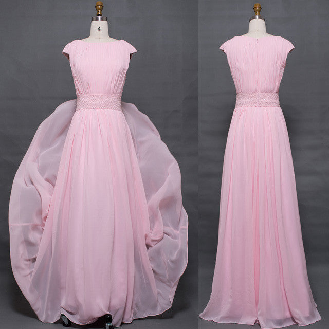 Light pink modest bridesmaid dresses cap sleeves
