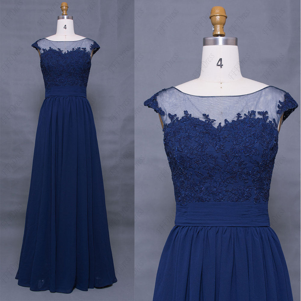 Lace modest navy blue prom dress cap sleeves long