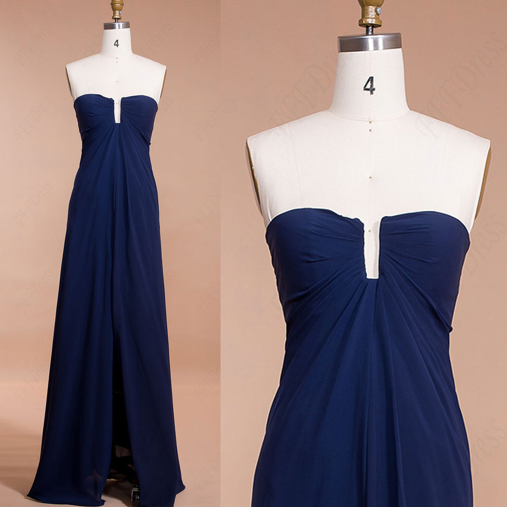 Navy blue elegant prom dress with slit evening dress