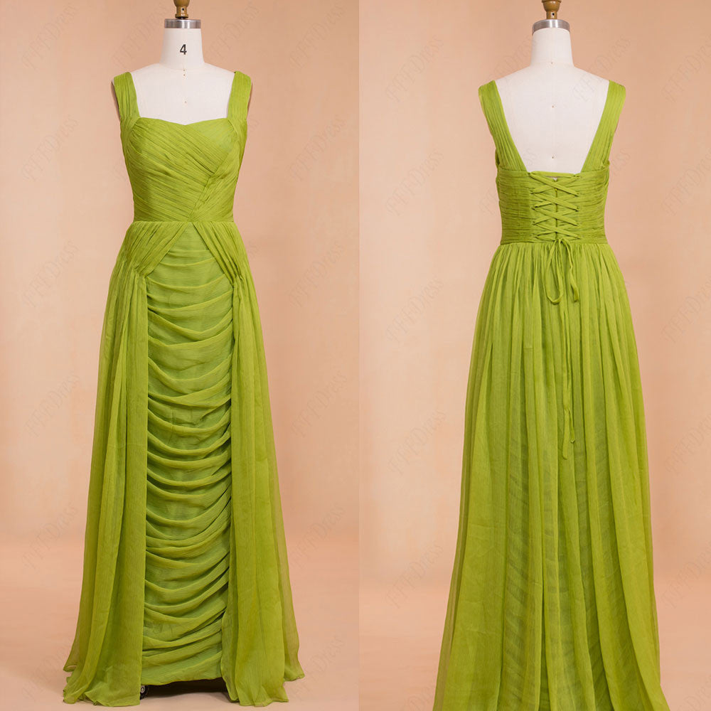Ruched Lime green Chiffon Long Prom Dresses
