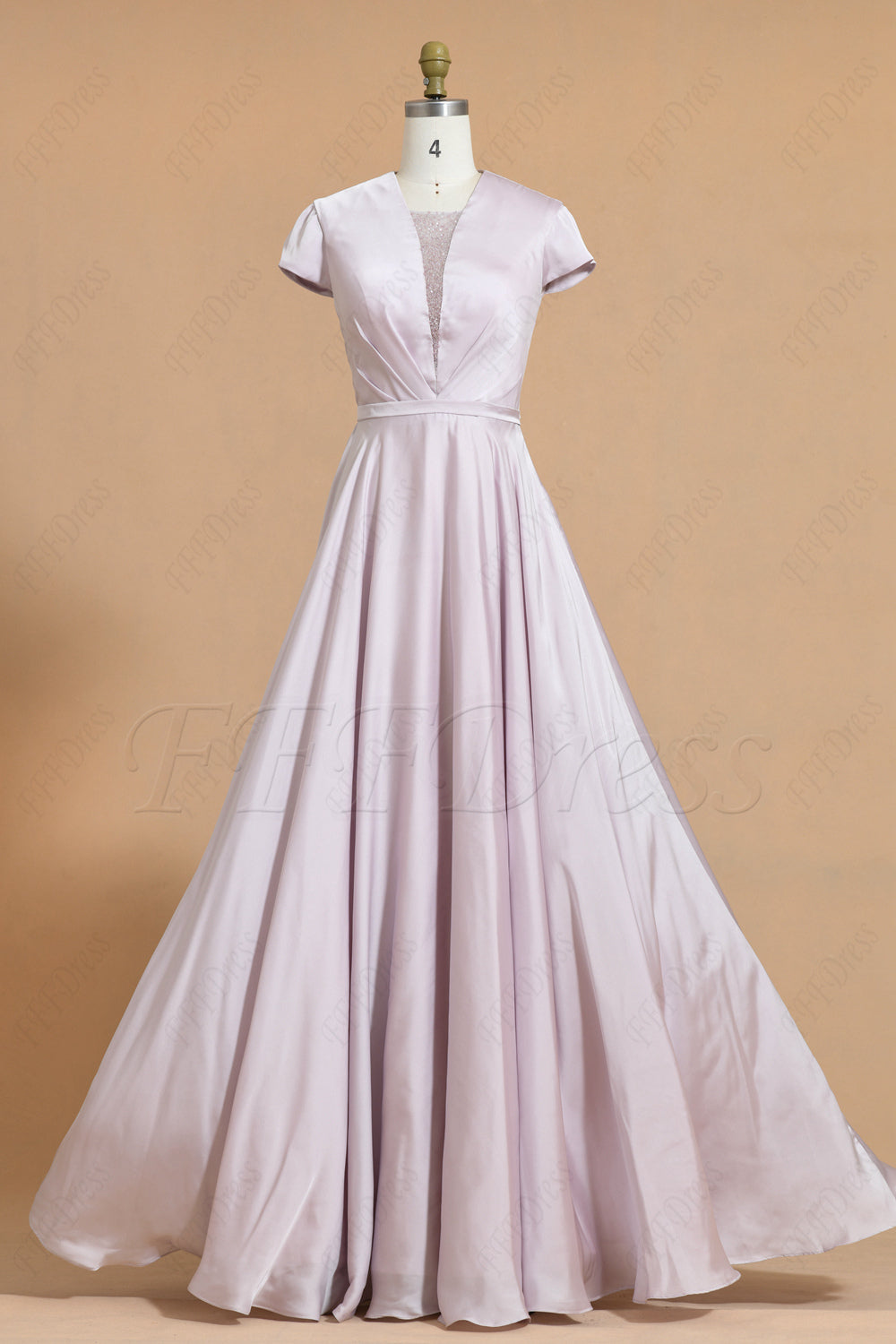 Light Mauve Modest Satin Bridesmaid Dresses Cap Sleeves