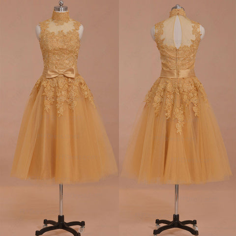 Modest vintage gold prom dresses tea length homecoming dresses