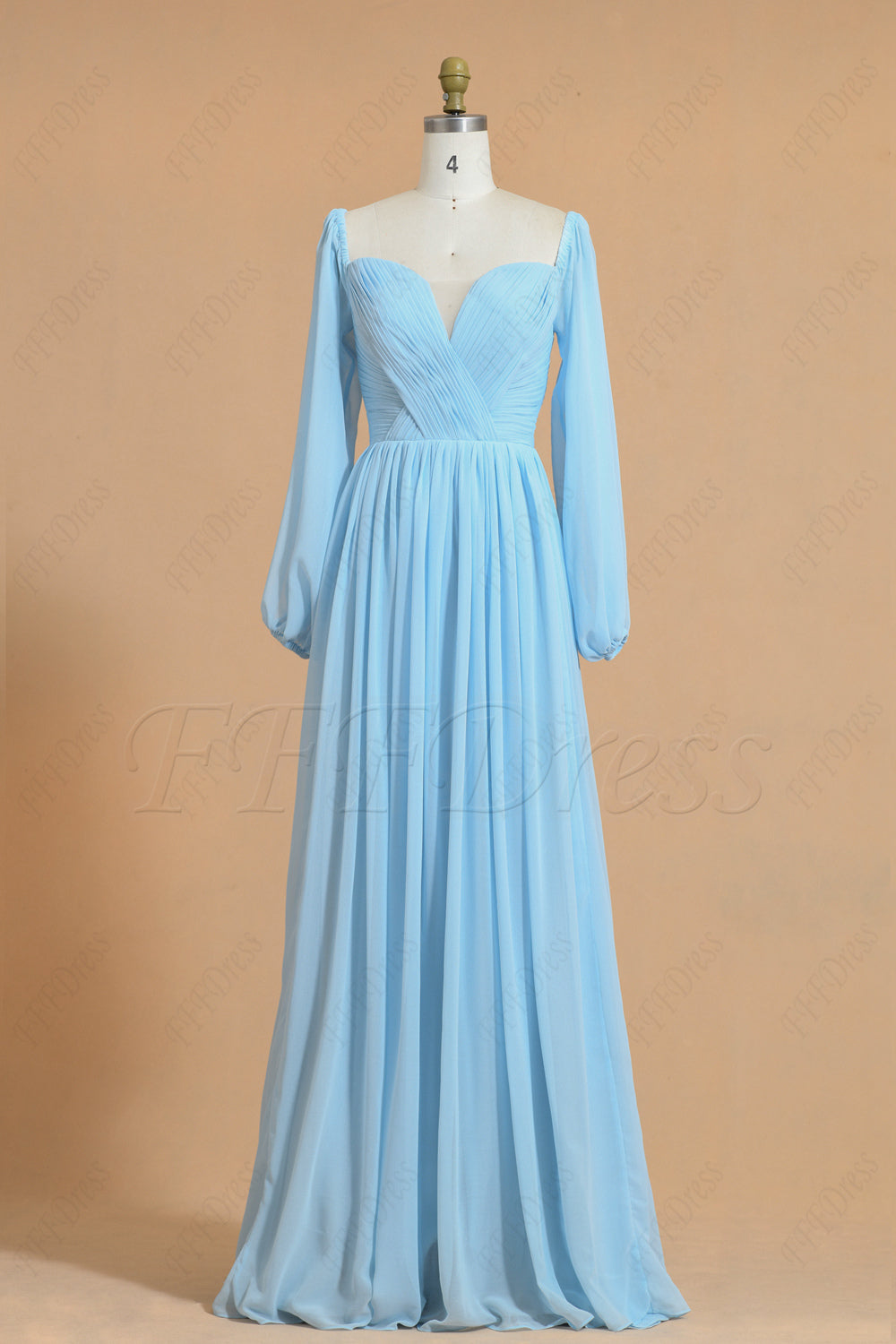 Porcelain Blue Chiffon Bridesmaid Dresses Long Sleeves