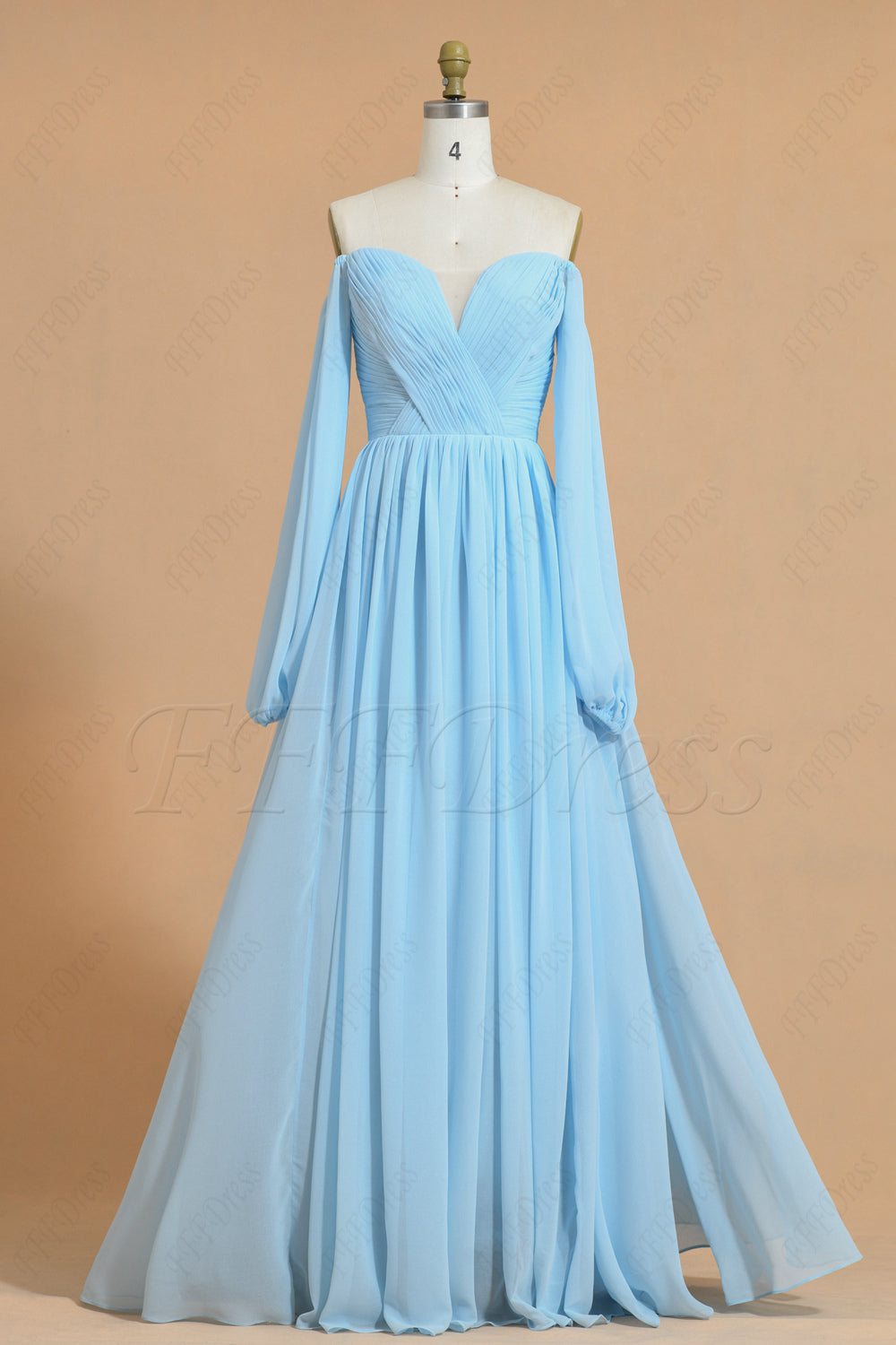 Porcelain Blue Chiffon Bridesmaid Dresses Long Sleeves