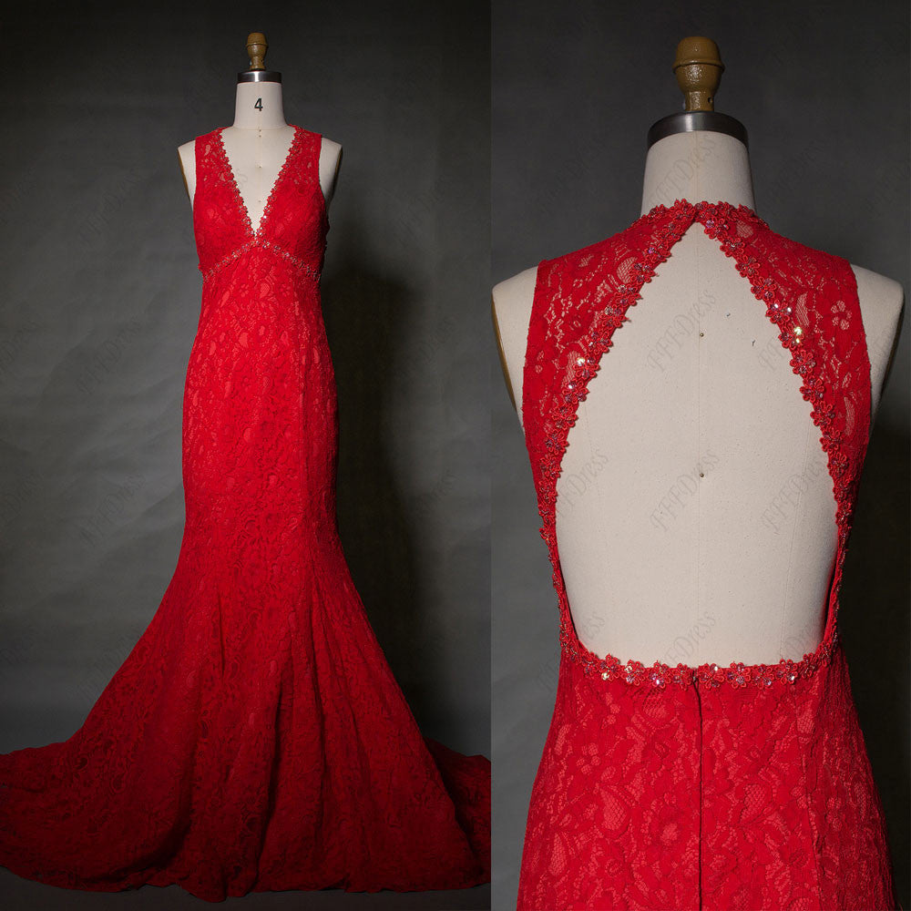 Red Mermaid Lace Backless Prom Dress long with train