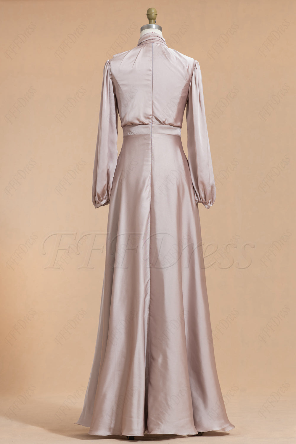 Modest Taupe Satin Bridesmaid Dresses Long Sleeves