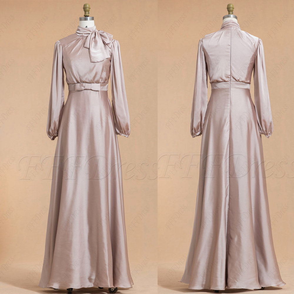 Modest Taupe Satin Bridesmaid Dresses Long Sleeves