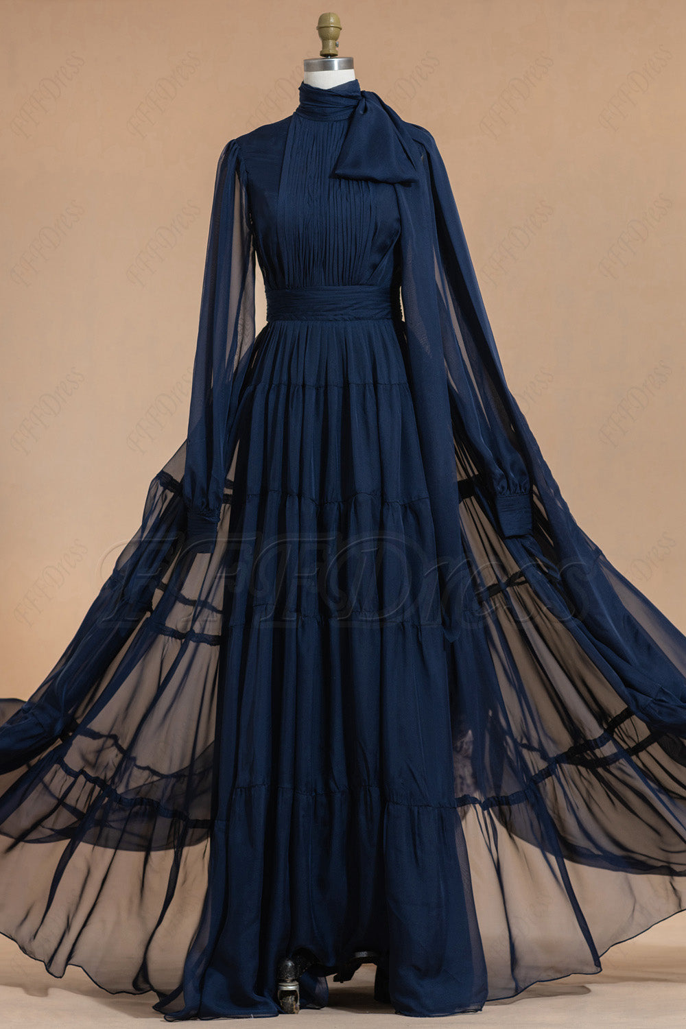 High neck modest navy blue bridesmaid dresses long sleeves with tiered skirt
