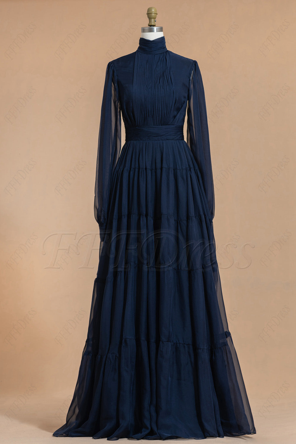 High neck modest navy blue bridesmaid dresses long sleeves with tiered skirt