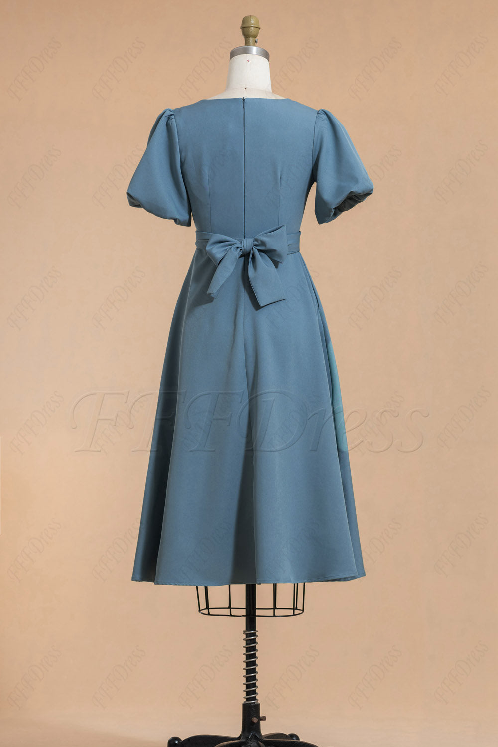 Dusty blue modest Midi bridesmaid dresses with short puff sleeves