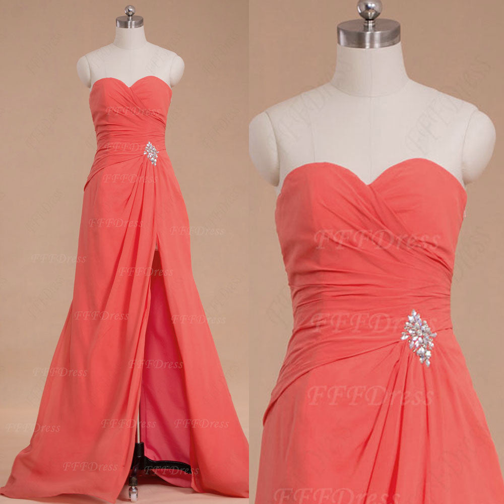 Sweetheart Coral Prom Dress with Slit