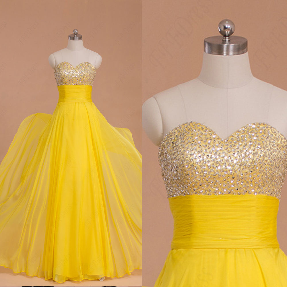 Beaded Yellow Flowing Chiffon Prom Dresses