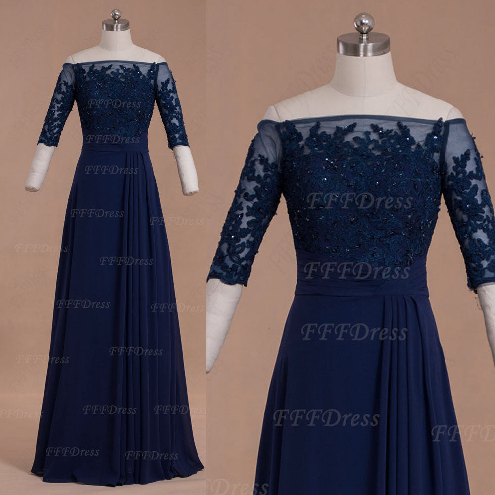 Off the shoulder lace navy blue mother of the bride dresses with sleeves