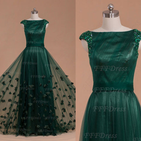 capped sleeves Modest dark green long prom dress with flowers