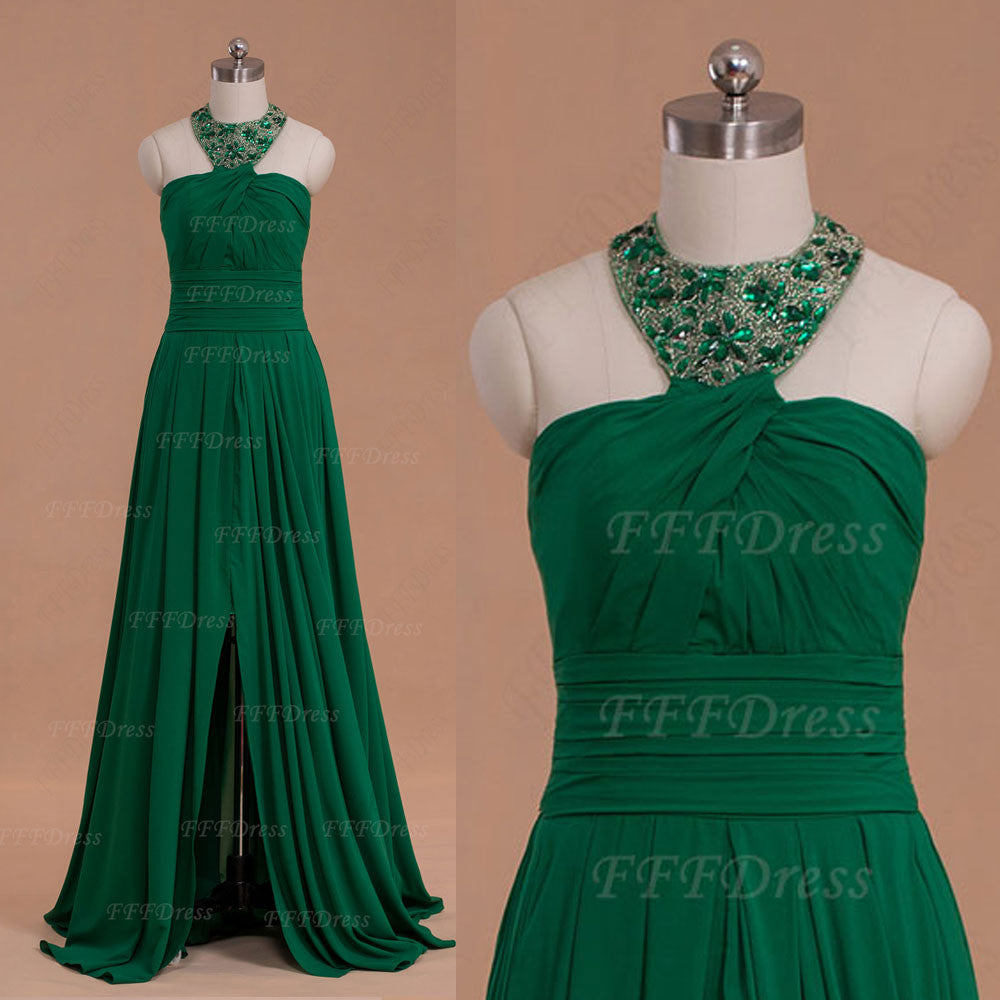 Halter Emerald Prom Dress with Slit