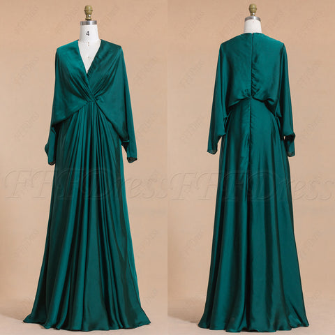 Dark emerald modest satin bridesmaid dresses long sleeves