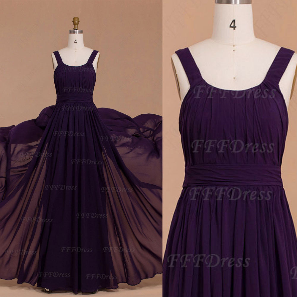 Purple long bridesmaid dresses square neckline