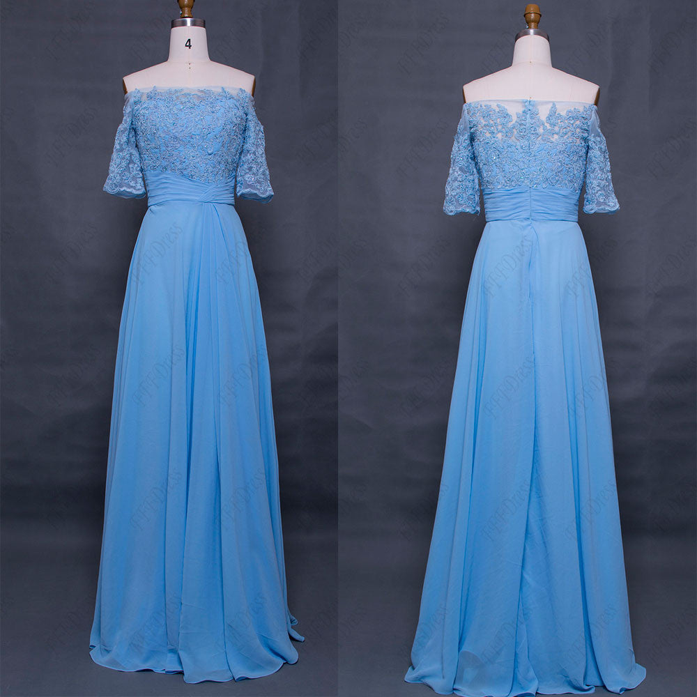 Light blue off the shoulder modest prom dress with sleeves