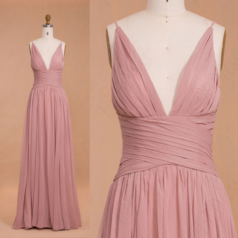 Spaghetti straps dusty pink bridesmaid dresses long