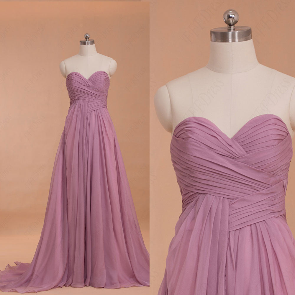 Purpish pink Chiffon long prom dresses with train